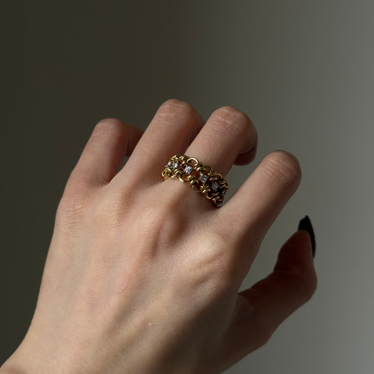 Vintage 18k Italian Diamond Chain Ring